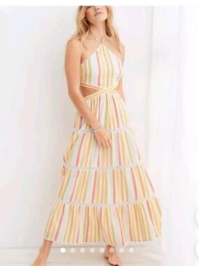 Aerie Pastel Multicolor Striped Halter Maxi Dress